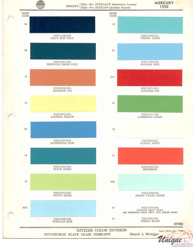 1956 Mercury Paint Charts PPG 1